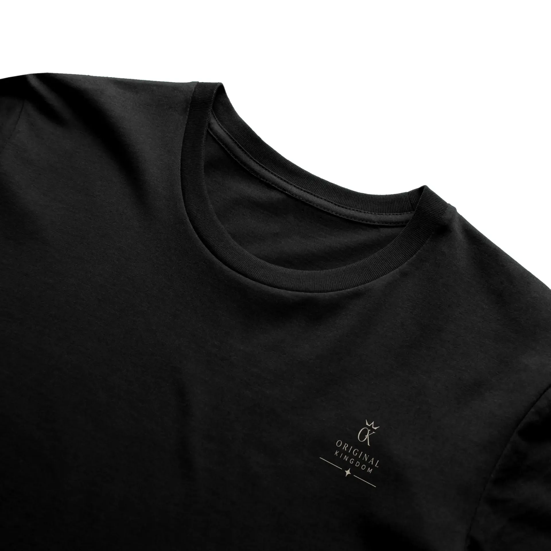 Close-up of a premium black cotton T-shirt neckline with the Original Kingdom logo.